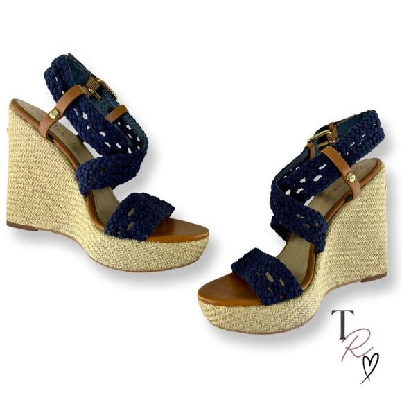 Lilly Pulitzer Kelsey Espadrille Wedge Platform Sandals in Navy & Tan Size 8 M - Picture 1 of 12